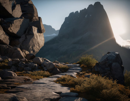 Beautiful cinematic mountain landscape with black marble and granite. High quality illustrationの素材