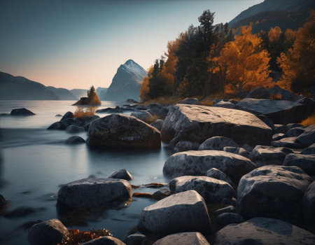 Beautiful cinematic mountain landscape with black marble and granite. High quality illustrationの素材