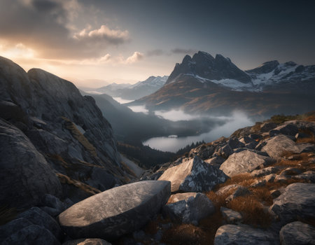 Beautiful cinematic mountain landscape with black marble and granite. High quality illustrationの素材