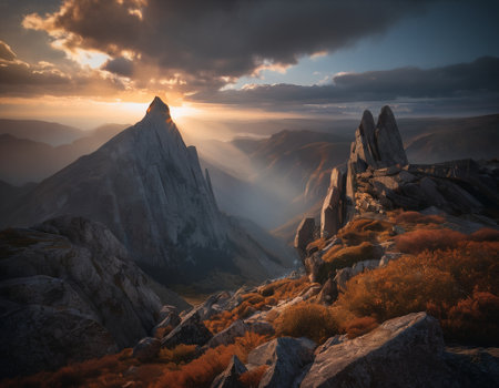 Beautiful cinematic mountain landscape with black marble and granite. High quality illustrationの素材