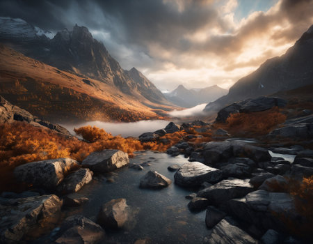 Beautiful cinematic mountain landscape with black marble and granite. High quality illustrationの素材
