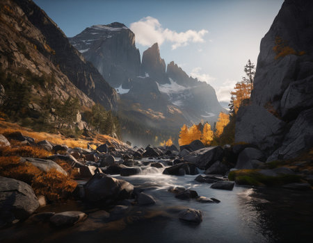 Beautiful cinematic mountain landscape with black marble and granite. High quality illustrationの素材