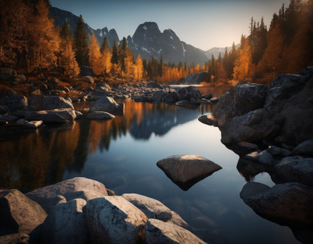 Beautiful cinematic mountain landscape with black marble and granite. High quality illustrationの素材