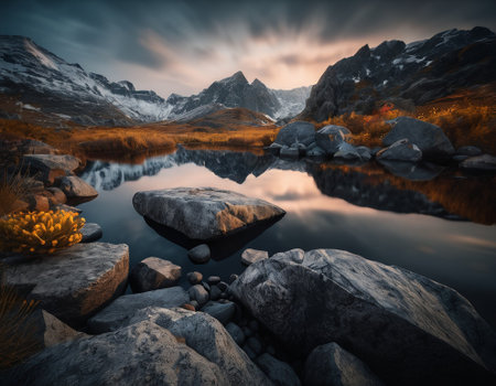 Beautiful cinematic mountain landscape with black marble and granite. High quality illustrationの素材