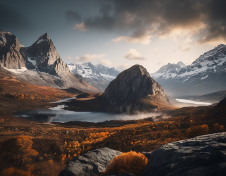Beautiful cinematic mountain landscape with black marble and granite. High quality illustrationの素材