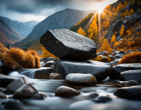 Beautiful cinematic mountain landscape with black marble and granite. High quality illustrationの素材
