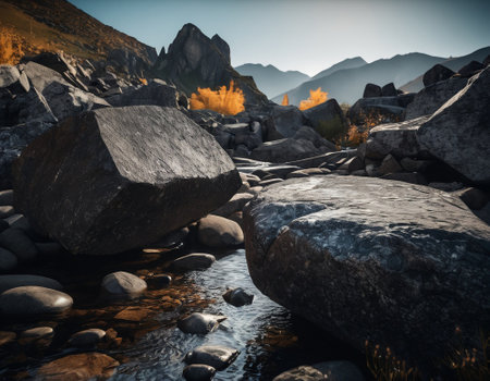 Beautiful cinematic mountain landscape with black marble and granite. High quality illustrationの素材
