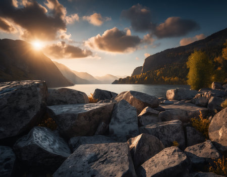 Beautiful cinematic mountain landscape with black marble and granite. High quality illustrationの素材