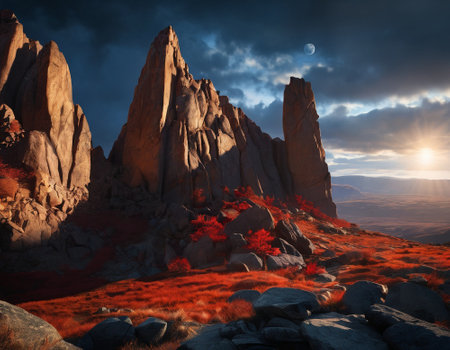 Beautiful cinematic mountain landscape with black marble and granite. High quality illustrationの素材