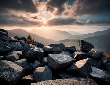 Beautiful cinematic mountain landscape with black marble and granite. High quality illustrationの素材