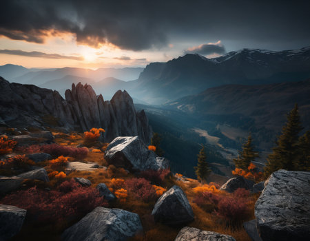 Beautiful cinematic mountain landscape with black marble and granite. High quality illustrationの素材