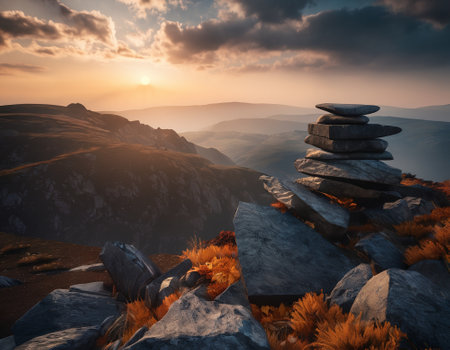 Beautiful cinematic mountain landscape with black marble and granite. High quality illustrationの素材