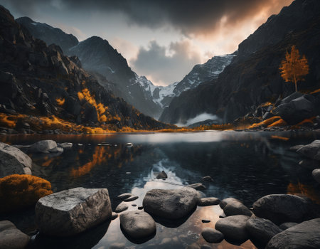 Beautiful cinematic mountain landscape with black marble and granite. High quality illustrationの素材