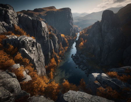 Beautiful cinematic mountain landscape with black marble and granite. High quality illustrationの素材