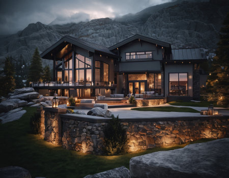 Beautiful cinematic mountain landscape with black marble and granite. High quality illustrationの素材