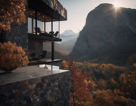 Beautiful cinematic mountain landscape with black marble and granite. High quality illustrationの素材