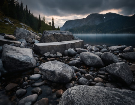Beautiful cinematic mountain landscape with black marble and granite. High quality illustrationの素材