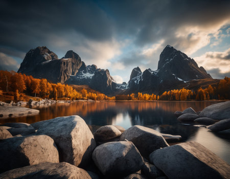 Beautiful cinematic mountain landscape with black marble and granite. High quality illustrationの素材