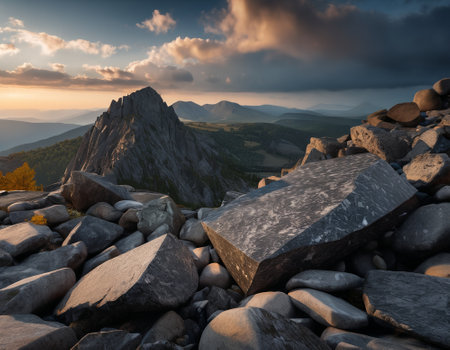 Beautiful cinematic mountain landscape with black marble and granite. High quality illustrationの素材
