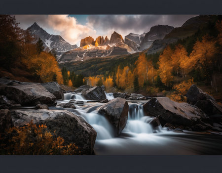 Beautiful cinematic mountain landscape with black marble and granite. High quality illustrationの素材