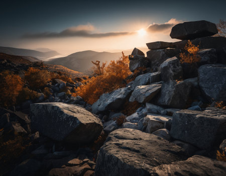 Beautiful cinematic mountain landscape with black marble and granite. High quality illustrationの素材