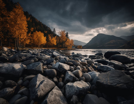 Beautiful cinematic mountain landscape with black marble and granite. High quality illustrationの素材