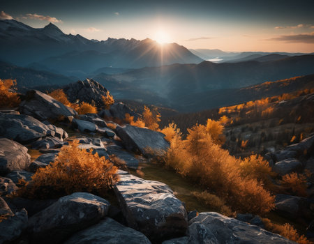 Beautiful cinematic mountain landscape with black marble and granite. High quality illustrationの素材