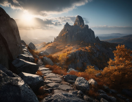 Beautiful cinematic mountain landscape with black marble and granite. High quality illustrationの素材