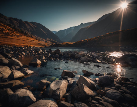 Beautiful cinematic mountain landscape with black marble and granite. High quality illustrationの素材