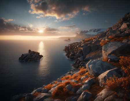 Beautiful cinematic mountain landscape with black marble and granite. High quality illustrationの素材