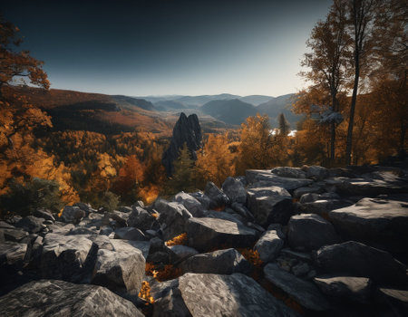 Beautiful cinematic mountain landscape with black marble and granite. High quality illustrationの素材