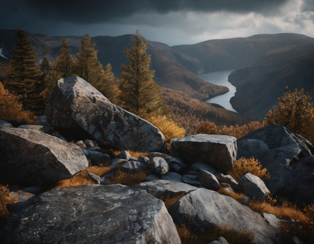 Beautiful cinematic mountain landscape with black marble and granite. High quality illustrationの素材