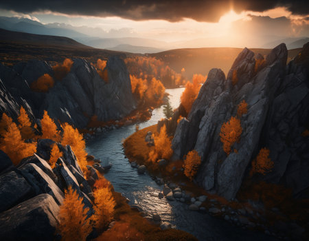 Beautiful cinematic mountain landscape with black marble and granite. High quality illustrationの素材