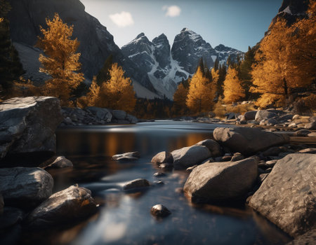 Beautiful cinematic mountain landscape with black marble and granite. High quality illustrationの素材