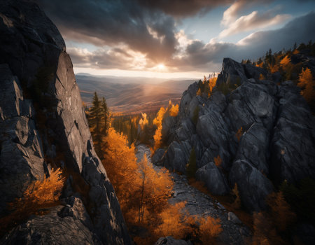 Beautiful cinematic mountain landscape with black marble and granite. High quality illustrationの素材