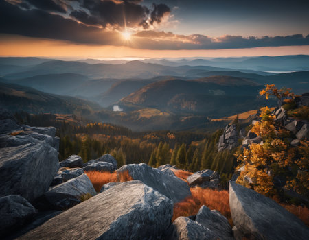 Beautiful cinematic mountain landscape with black marble and granite. High quality illustrationの素材
