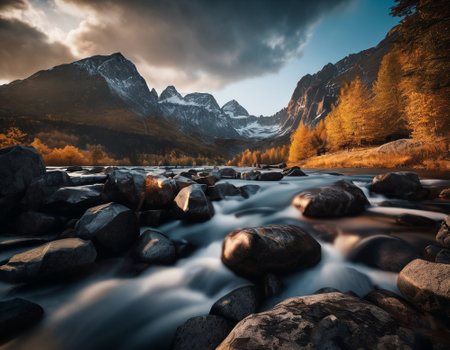 Beautiful cinematic mountain landscape with black marble and granite. High quality illustrationの素材