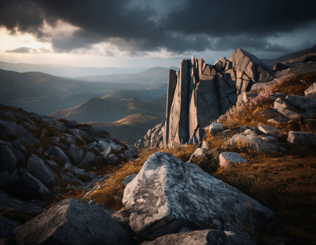 Beautiful cinematic mountain landscape with black marble and granite. High quality illustrationの素材