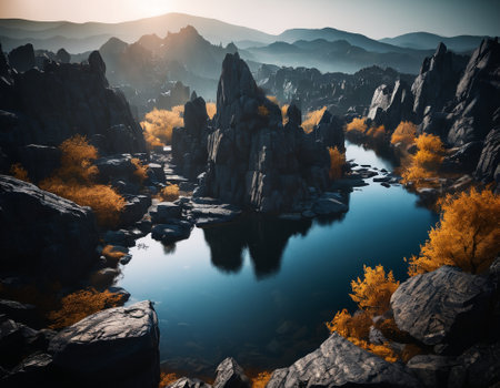 Beautiful cinematic mountain landscape with black marble and granite. High quality illustrationの素材