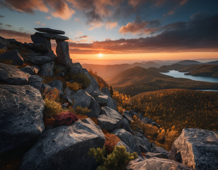 Beautiful cinematic mountain landscape with black marble and granite. High quality illustrationの素材