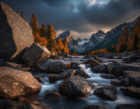 Beautiful cinematic mountain landscape with black marble and granite. High quality illustrationの素材