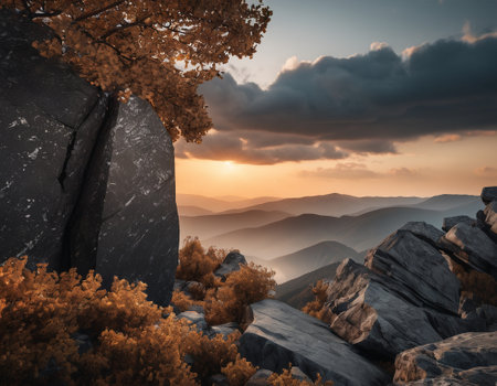 Beautiful cinematic mountain landscape with black marble and granite. High quality illustrationの素材