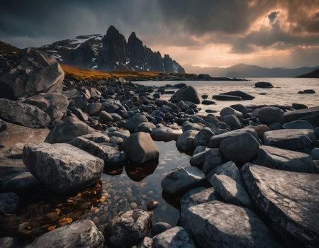 Beautiful cinematic mountain landscape with black marble and granite. High quality illustrationの素材