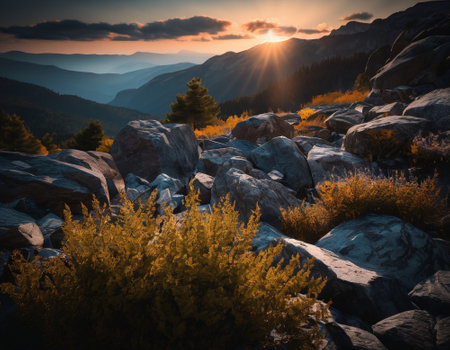 Beautiful cinematic mountain landscape with black marble and granite. High quality illustrationの素材