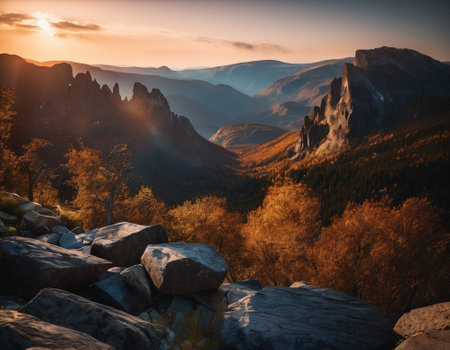 Beautiful cinematic mountain landscape with black marble and granite. High quality illustrationの素材