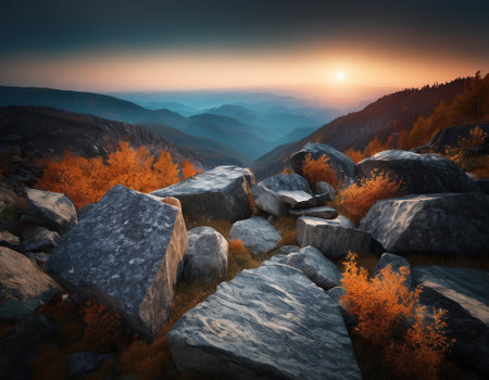 Beautiful cinematic mountain landscape with black marble and granite. High quality illustrationの素材