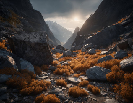 Beautiful cinematic mountain landscape with black marble and granite. High quality illustrationの素材