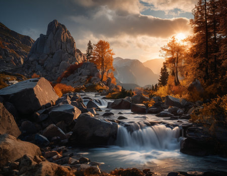 Beautiful cinematic mountain landscape with black marble and granite. High quality illustrationの素材