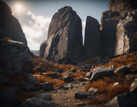Beautiful cinematic mountain landscape with black marble and granite. High quality illustrationの素材