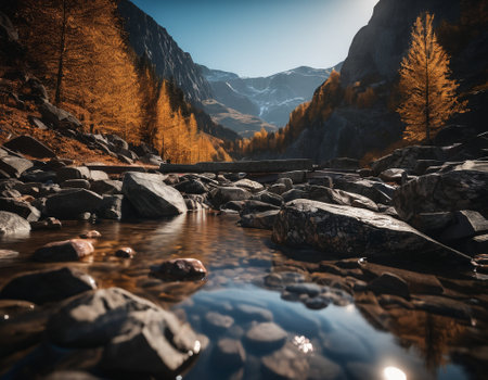 Beautiful cinematic mountain landscape with black marble and granite. High quality illustrationの素材